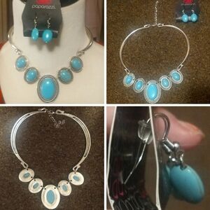 PAPARAZZI Tourquise + Silver Statement Necklace & Earring Set River Ride Blue